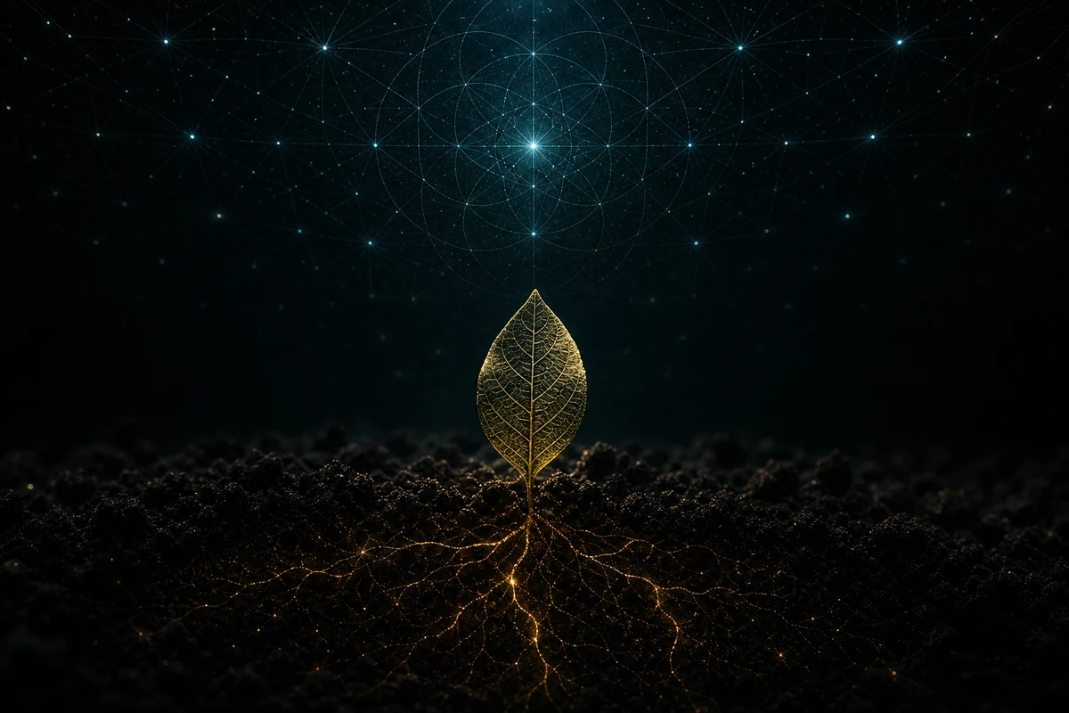 A seedling breaking ground, roots glowing beneath a field of stars