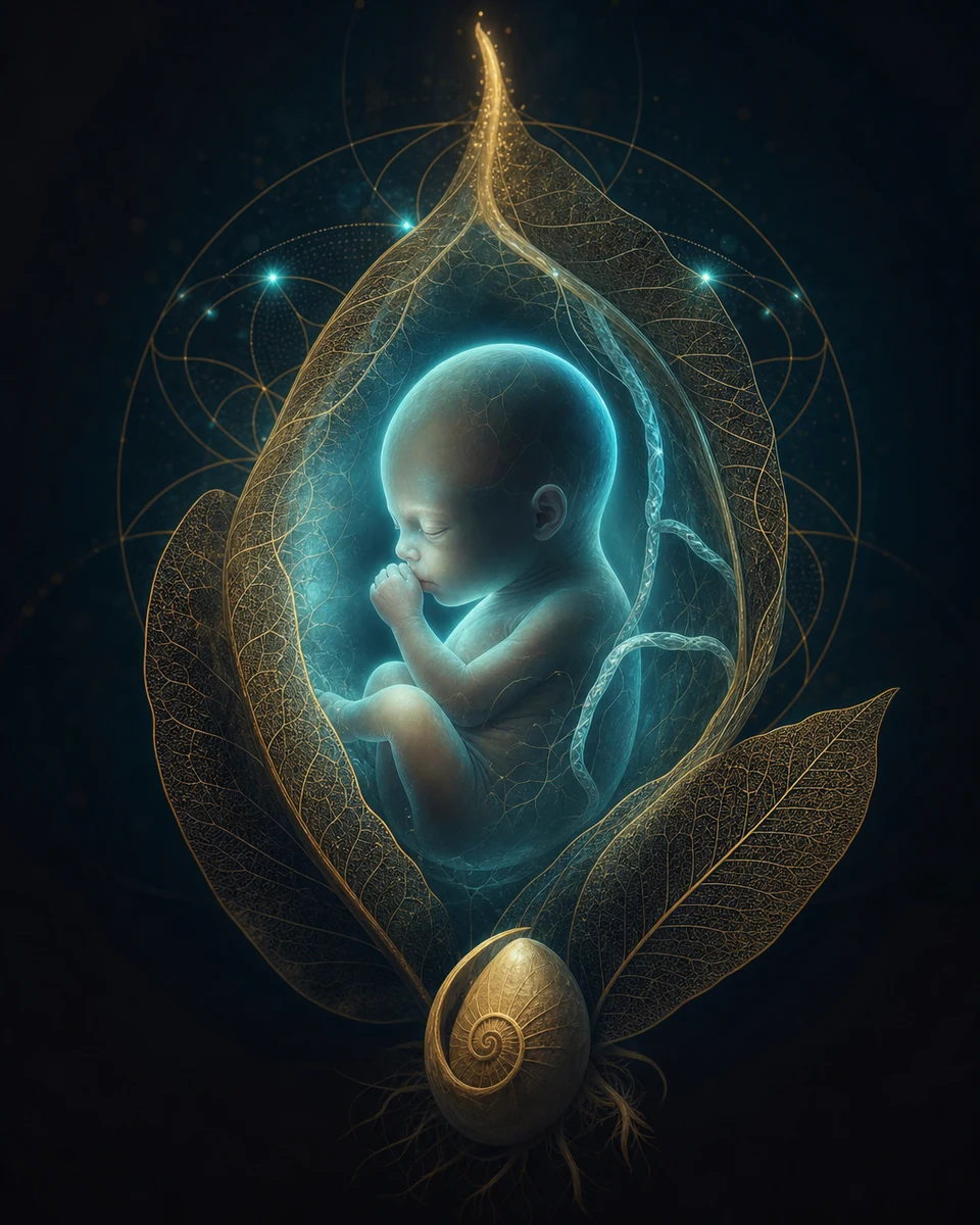 A luminous figure curled within a glowing leaf, suspended in a field of stars